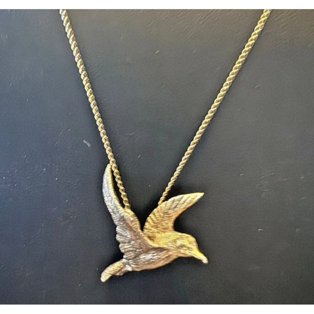 Vintage Hummingbird In Flight Necklace Pendant Marked Sterling 12k GF Chain